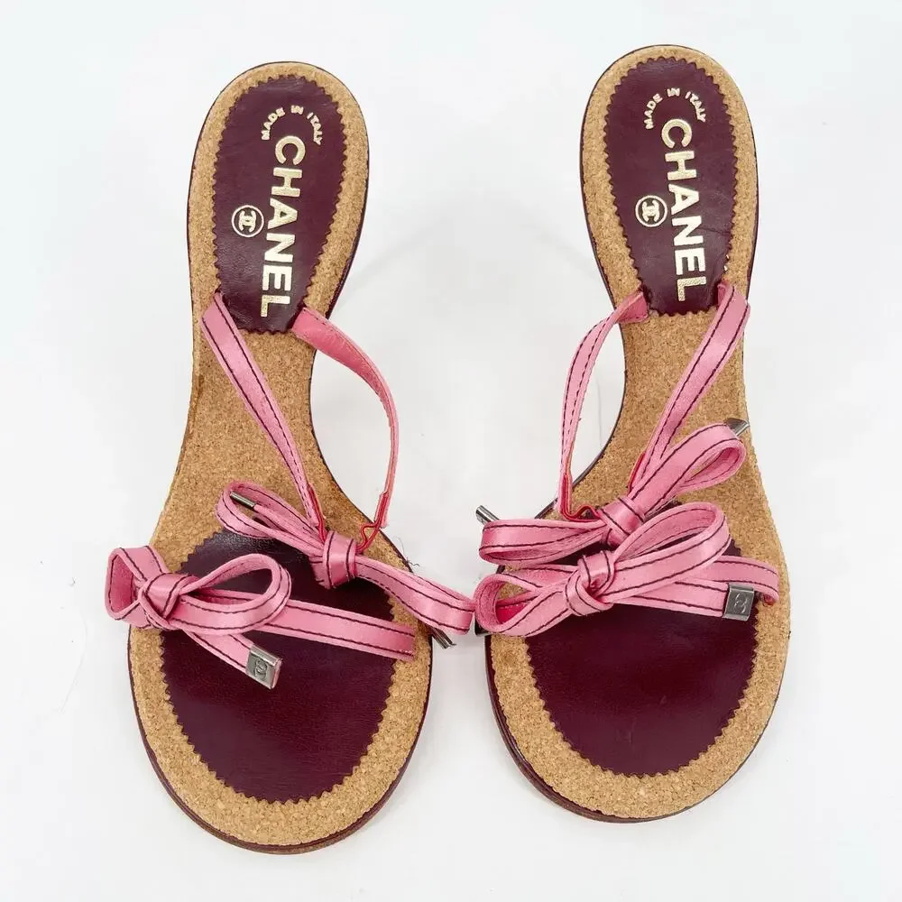 Chanel Vintage Pink Double Strap Satin Bow Cork Sole Slide Sandal Heels EU 38